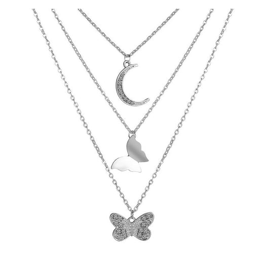 3-Layer Butterfly Moon Pendant Rhinestone Necklace