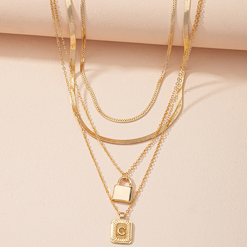 Letter And Lock Gold Color Pendant Necklace Set