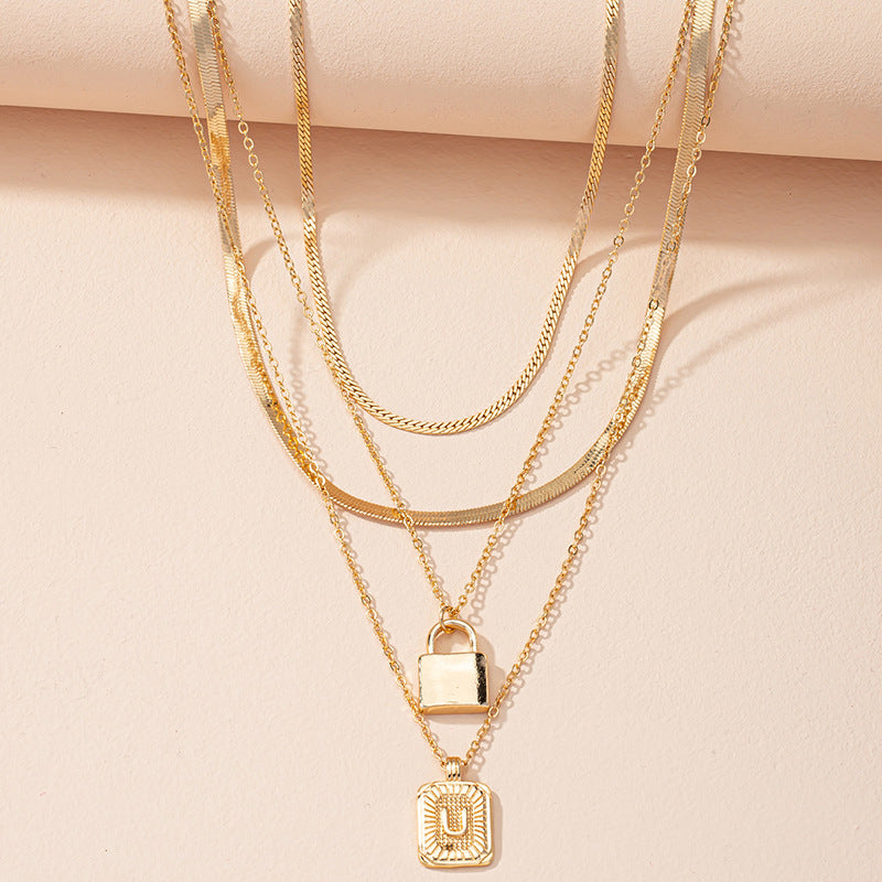 Letter And Lock Gold Color Pendant Necklace Set