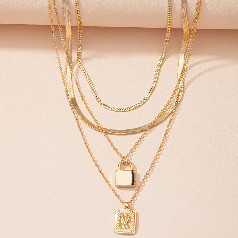 Letter And Lock Gold Color Pendant Necklace Set