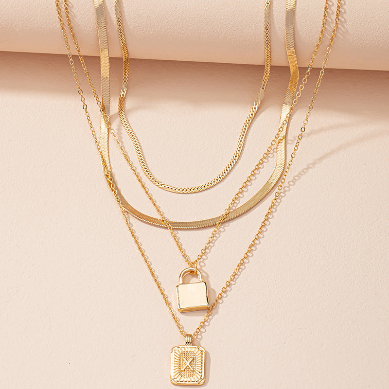 Letter And Lock Gold Color Pendant Necklace Set