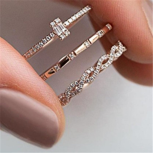 Faux Diamond Rose Gold Color 3PC Ring Set.