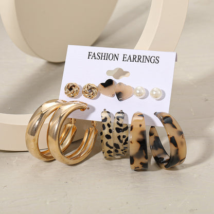 Earring Collection-  Leopard Pattern, Pearl, Rhinestone Earrings Set