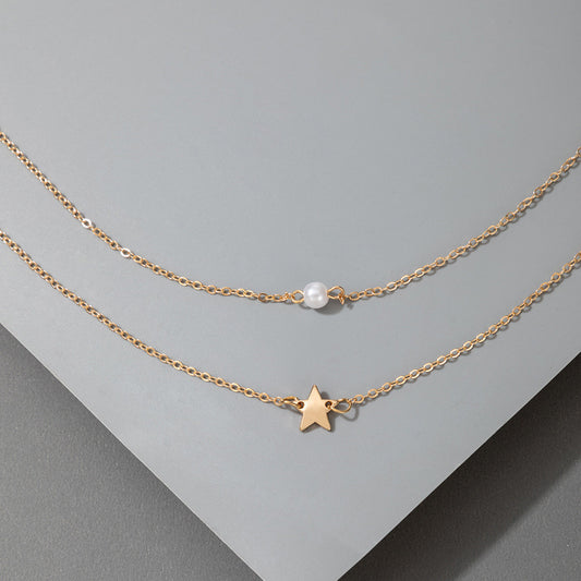 Faux Pearl / Star Decoration Alloy Multilayer Necklace.