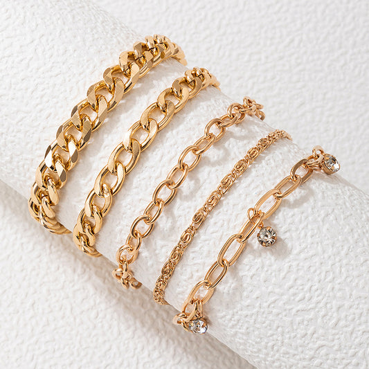 Multilayer Rhinestone Pendant Gold Color Alloy Bracelet Set