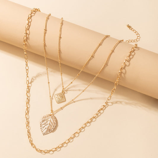 MultiLayer Leaf & Love Diamond Shape Pendant Necklace.