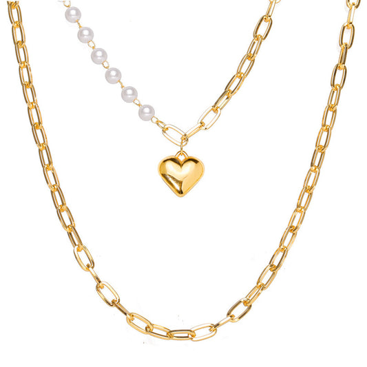 Splice Design Faux Peal Heart-Shaped Pendant Alloy Multilayer Necklace