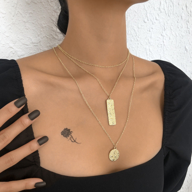 Rectangle And Round Gold Color Pendant Design Multilayer Necklace