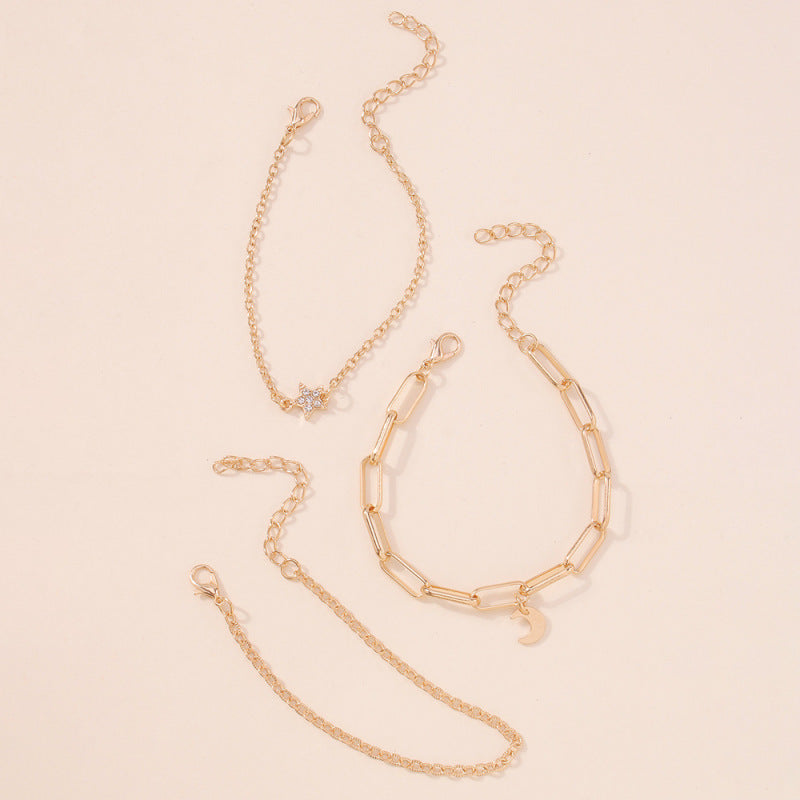 Rhinestone Star/Moon Decorative Pendant Chain Bracelet Set