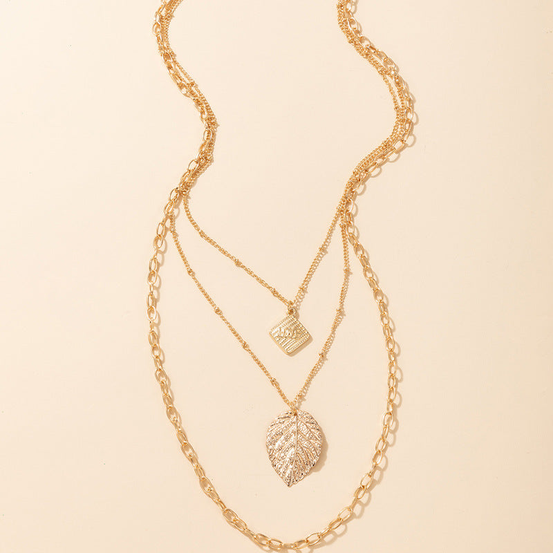 MultiLayer Leaf & Love Diamond Shape Pendant Necklace.