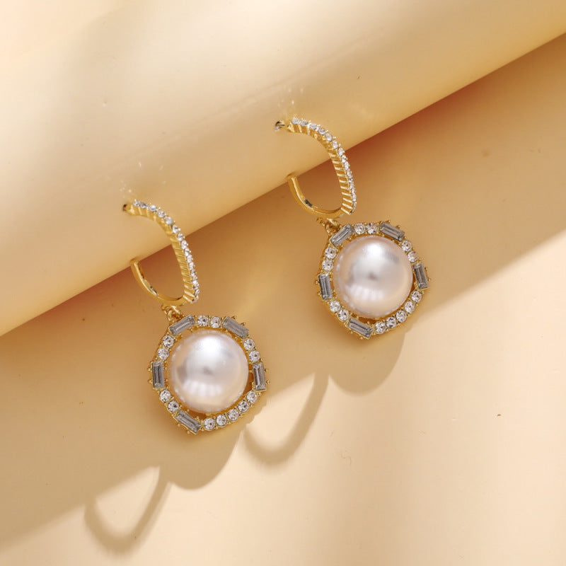 Faux Round Pearl Zircon Alloy Stud Earrings