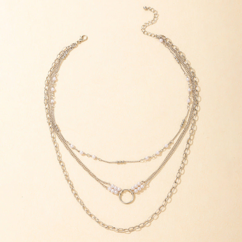 Ring Faux Pearl Design Multilayer Necklace