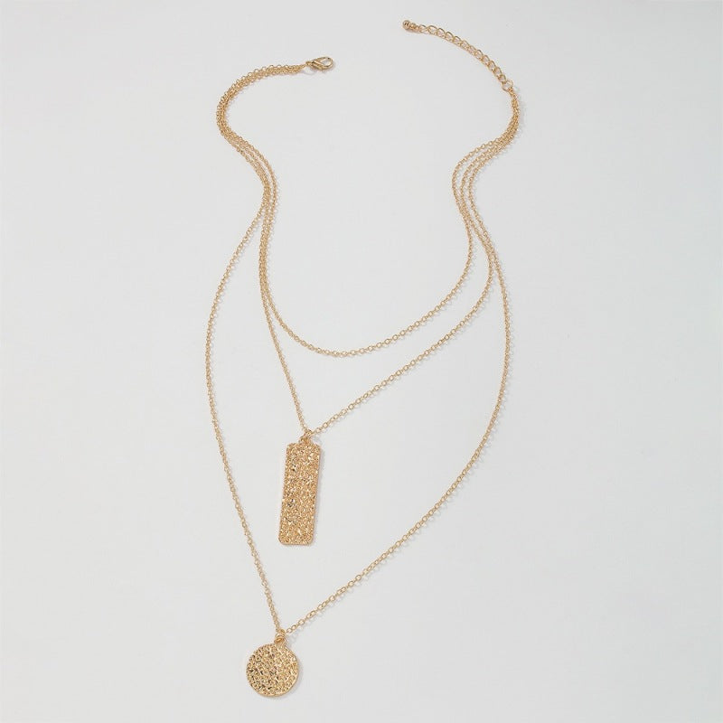 Rectangle And Round Gold Color Pendant Design Multilayer Necklace