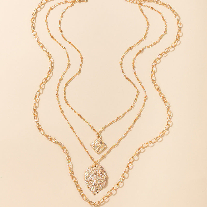 MultiLayer Leaf & Love Diamond Shape Pendant Necklace.