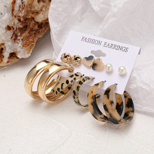 Earring Collection-  Leopard Pattern, Pearl, Rhinestone Earrings Set