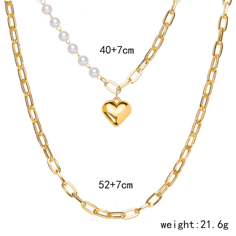 Splice Design Faux Peal Heart-Shaped Pendant Alloy Multilayer Necklace