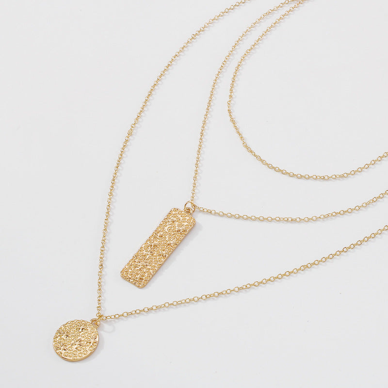 Rectangle And Round Gold Color Pendant Design Multilayer Necklace