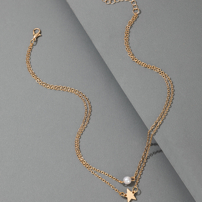 Faux Pearl / Star Decoration Alloy Multilayer Necklace.