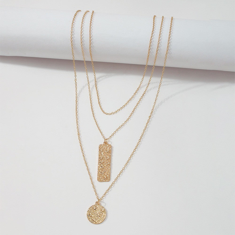 Rectangle And Round Gold Color Pendant Design Multilayer Necklace