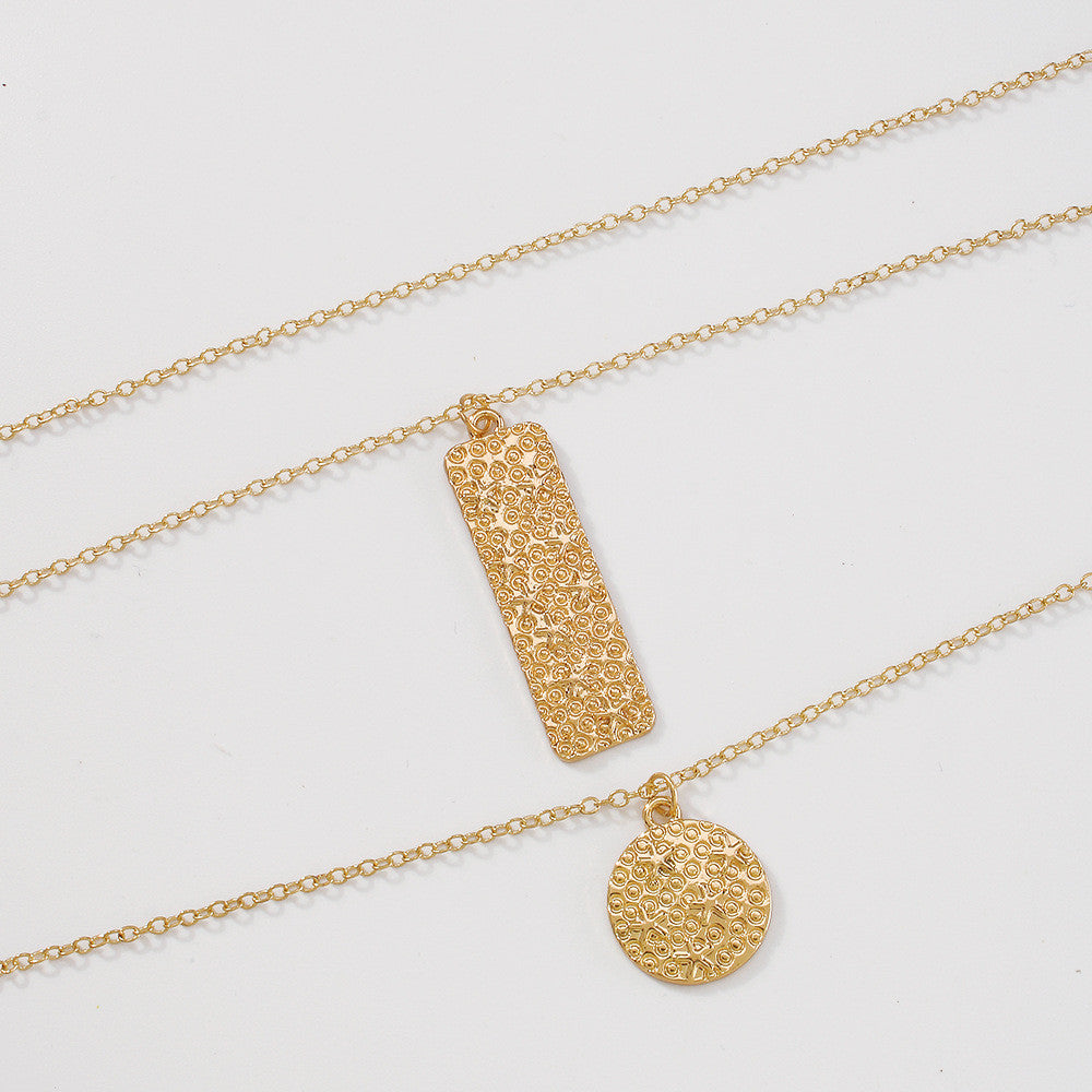 Rectangle And Round Gold Color Pendant Design Multilayer Necklace